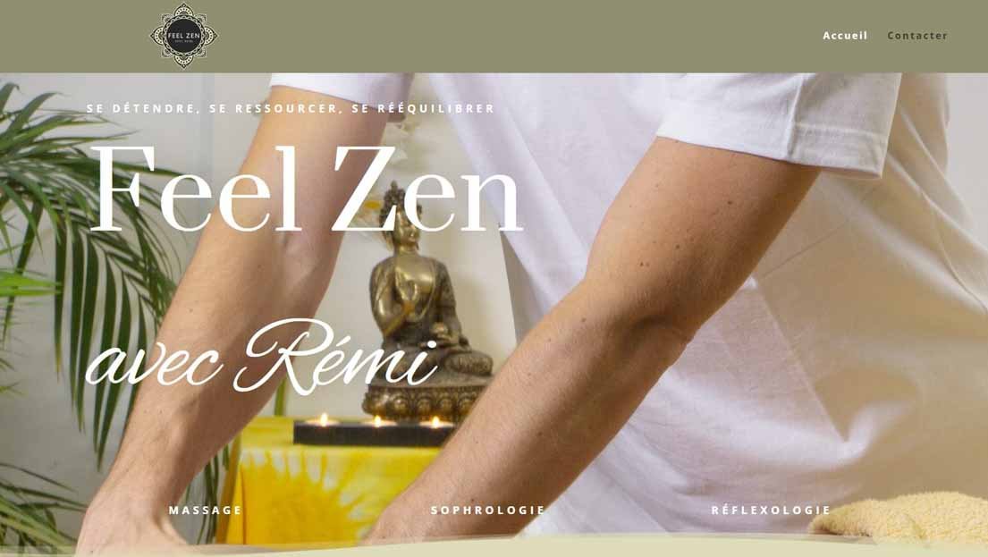 Capture d'écran de la page d'accueil du site Feelzen avec Rémi qui montre une photo d'un homme massant le dos d'une femme.