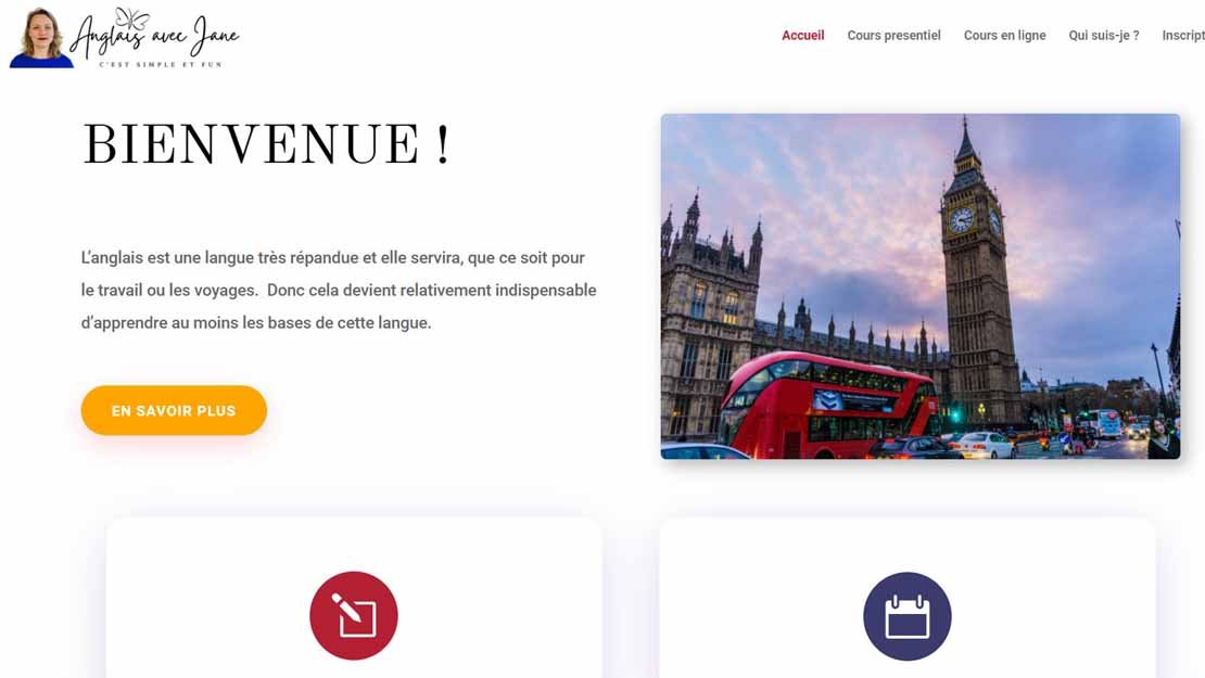 Capture d'écran de la page d'accueil du site Anglais avec Jane qui est blanche avec une image d'un bus à deux étages et de Big Ben à Londres.
